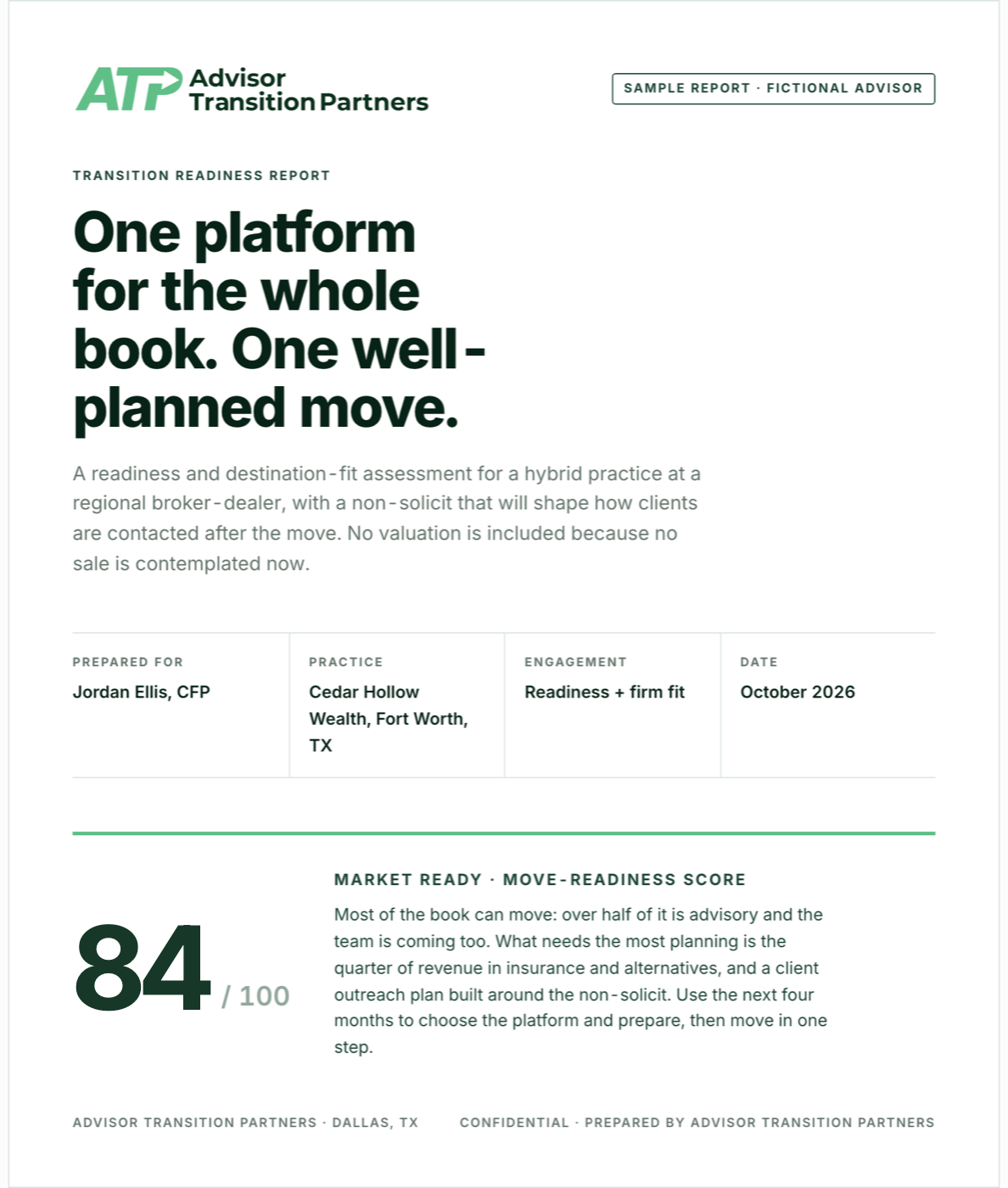 Sample Transition Readiness report cover for a fictional advisor