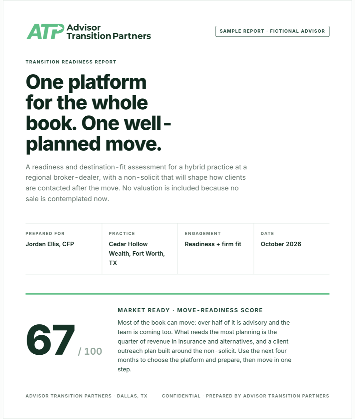 Sample report cover showing a readiness score and the headline recommendation